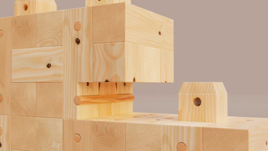 Darstellung der Zusammensetzung und der Verriegelung der TRIQBRIQ Holzsystembauweise